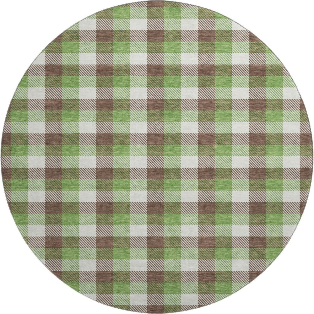HomeRoots 8' Washable Round Rug with UV Protection - Classic Brown, Ivory & Green Plaid for Stylish Durability 682532