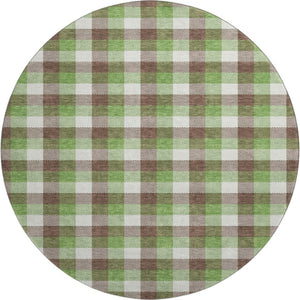 HomeRoots 8' Washable Round Rug with UV Protection - Classic Brown, Ivory & Green Plaid for Stylish Durability 682532