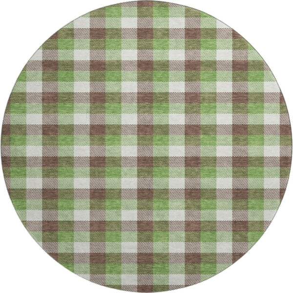 HomeRoots 8' Washable Round Rug with UV Protection - Classic Brown, Ivory & Green Plaid for Stylish Durability 682532