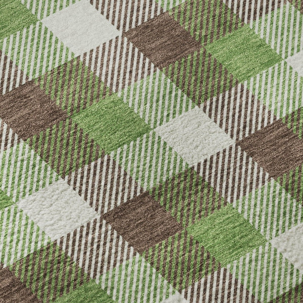 HomeRoots 8' Washable Round Rug with UV Protection - Classic Brown, Ivory & Green Plaid for Stylish Durability 682532
