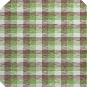 HomeRoots 8' Washable Round Rug with UV Protection - Classic Brown, Ivory & Green Plaid for Stylish Durability 682532