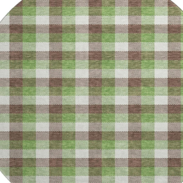 HomeRoots 8' Washable Round Rug with UV Protection - Classic Brown, Ivory & Green Plaid for Stylish Durability 682532