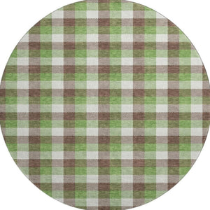 HomeRoots 8' Washable Round Rug with UV Protection - Classic Brown, Ivory & Green Plaid for Stylish Durability 682532