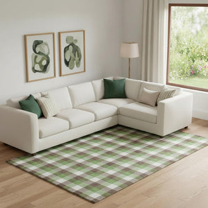 HomeRoots 9' X 12' Brown Ivory Green Plaid Area Rug - Washable, UV Protected, Durable for Busy Homes & Pets 682534