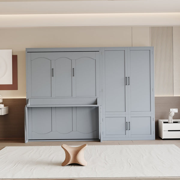 English Elm Queen Murphy Bed with Wardrobe Cabinet Hydraulic Lift Mdf Space Saving Wall Unit Gray LP000581AAE