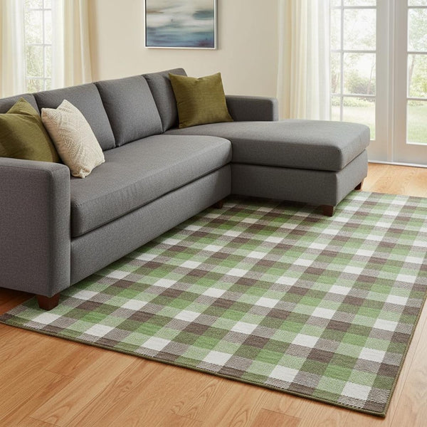 HomeRoots 10' Washable Brown, Ivory & Green Plaid Area Rug with UV Protection - Durable, Stylish & Family-Friendly! 682535