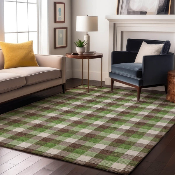 HomeRoots 10' Washable Brown, Ivory & Green Plaid Area Rug with UV Protection - Durable, Stylish & Family-Friendly! 682535