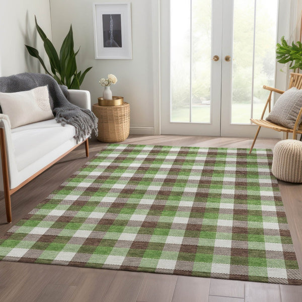 HomeRoots 10' Washable Brown, Ivory & Green Plaid Area Rug with UV Protection - Durable, Stylish & Family-Friendly! 682535
