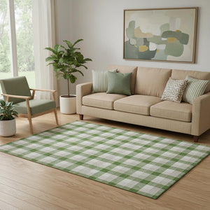 HomeRoots 5' X 8' Washable Plaid Area Rug in Emerald, Beige & Ivory - Durable, UV-Protected & Easy Care Design 682537