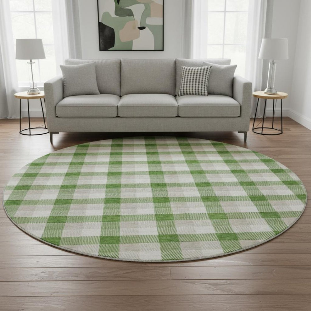 HomeRoots 8' Emerald Beige and Ivory Plaid Washable Round Rug - Durable, UV-Protected for Homes with Kids & Pets 682538