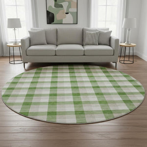 HomeRoots 8' Emerald Beige and Ivory Plaid Washable Round Rug - Durable, UV-Protected for Homes with Kids & Pets 682538