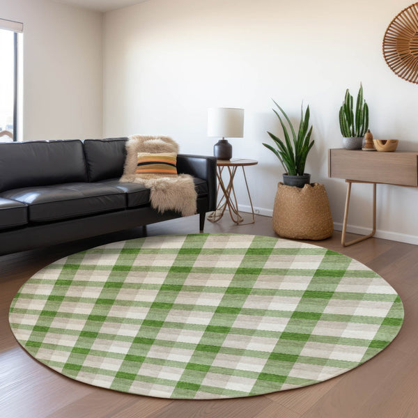 HomeRoots 8' Emerald Beige and Ivory Plaid Washable Round Rug - Durable, UV-Protected for Homes with Kids & Pets 682538