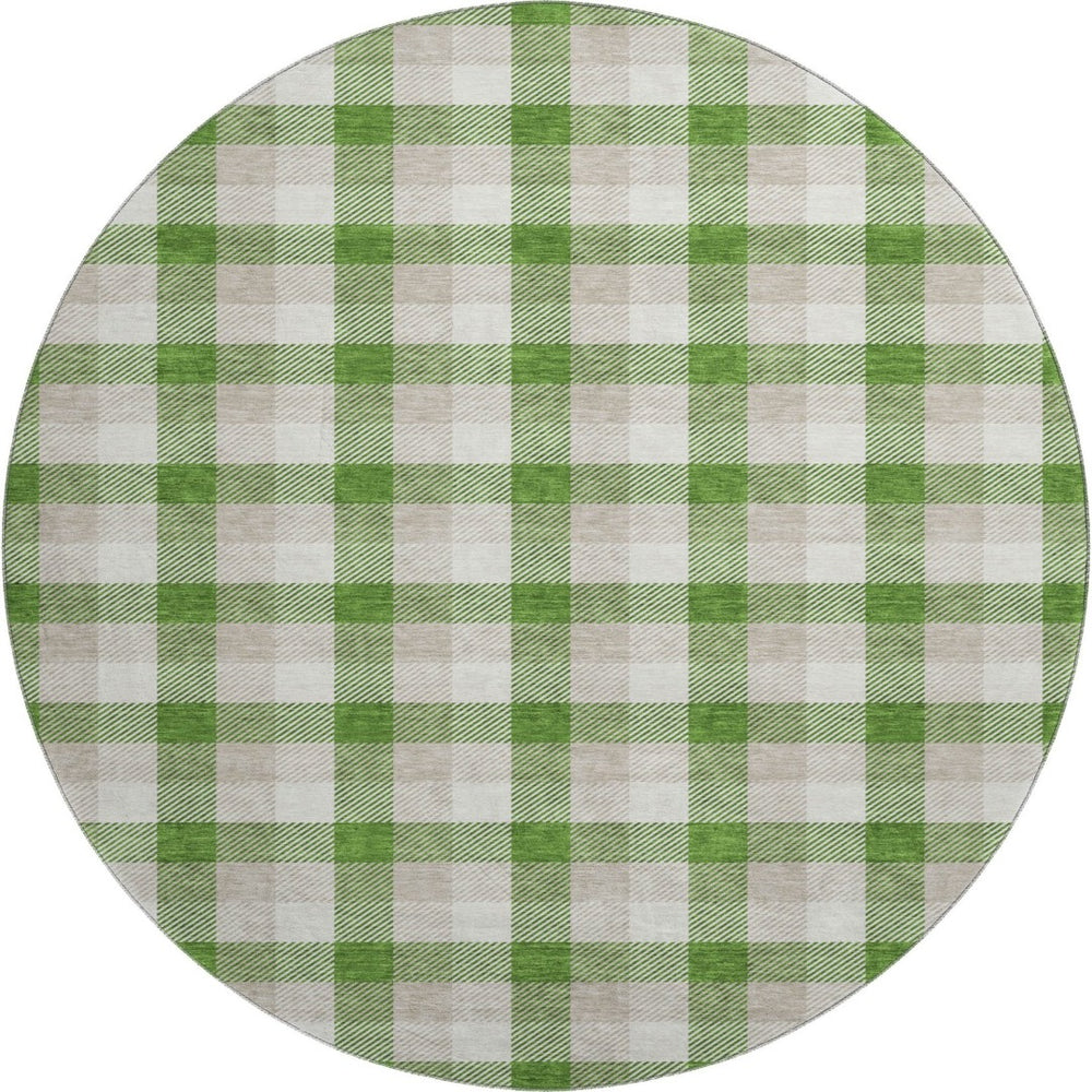HomeRoots 8' Emerald Beige and Ivory Plaid Washable Round Rug - Durable, UV-Protected for Homes with Kids & Pets 682538