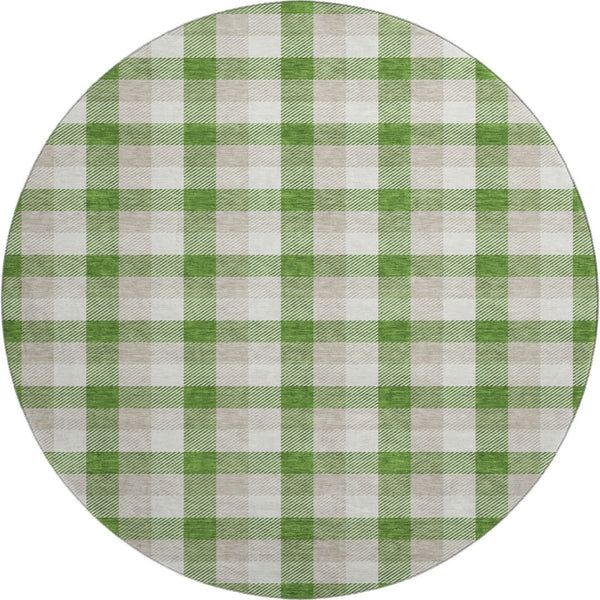 HomeRoots 8' Emerald Beige and Ivory Plaid Washable Round Rug - Durable, UV-Protected for Homes with Kids & Pets 682538