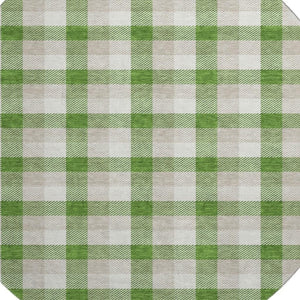 HomeRoots 8' Emerald Beige and Ivory Plaid Washable Round Rug - Durable, UV-Protected for Homes with Kids & Pets 682538