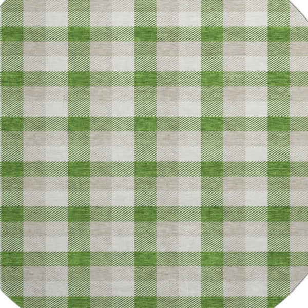 HomeRoots 8' Emerald Beige and Ivory Plaid Washable Round Rug - Durable, UV-Protected for Homes with Kids & Pets 682538