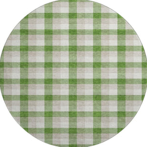 HomeRoots 8' Emerald Beige and Ivory Plaid Washable Round Rug - Durable, UV-Protected for Homes with Kids & Pets 682538