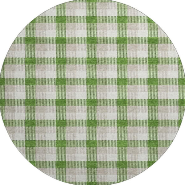 HomeRoots 8' Emerald Beige and Ivory Plaid Washable Round Rug - Durable, UV-Protected for Homes with Kids & Pets 682538