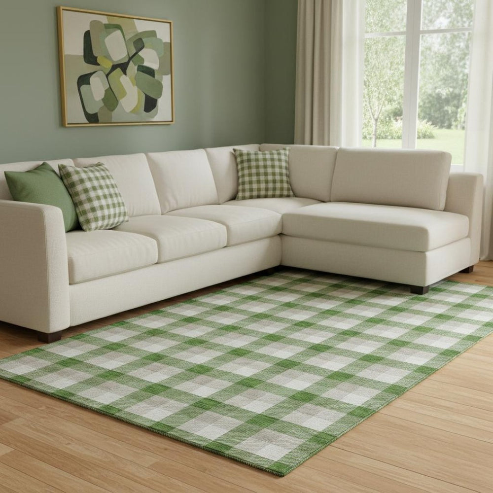 HomeRoots 8' X 10' Washable Plaid Area Rug in Emerald Beige & Ivory - UV Protected, Stain-Resistant & Durable 682539