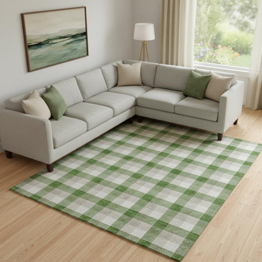HomeRoots 9' X 12' Emerald Beige and Ivory Plaid Area Rug – Washable, UV Protected, Durable & Stylish Decor 682540