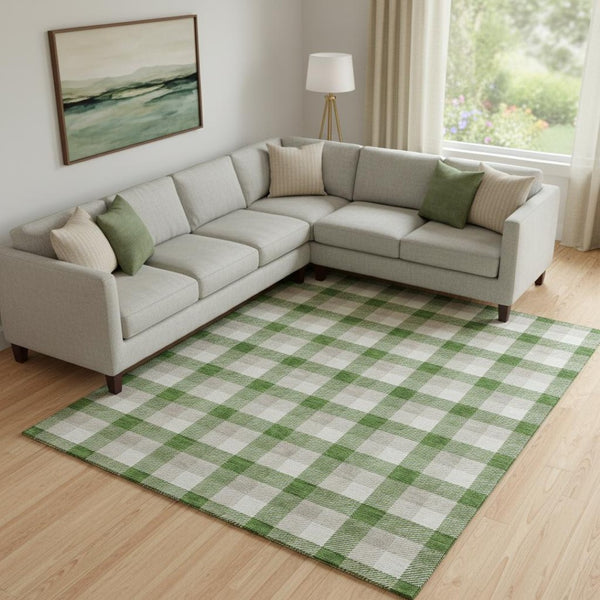 HomeRoots 9' X 12' Emerald Beige and Ivory Plaid Area Rug – Washable, UV Protected, Durable & Stylish Decor 682540