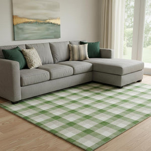 HomeRoots 10' X 14' Washable Emerald Beige Ivory Plaid Area Rug with UV Protection for Busy Homes & Style 682541