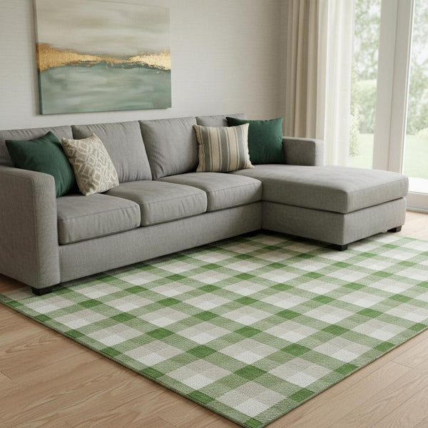 HomeRoots 10' X 14' Washable Emerald Beige Ivory Plaid Area Rug with UV Protection for Busy Homes & Style 682541