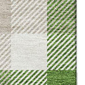 HomeRoots 10' X 14' Washable Emerald Beige Ivory Plaid Area Rug with UV Protection for Busy Homes & Style 682541