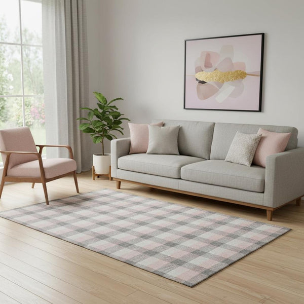 HomeRoots 5' X 8' Durable Granite Gray, Ivory & Pink Plaid Washable Area Rug with UV Protection for Families 682543