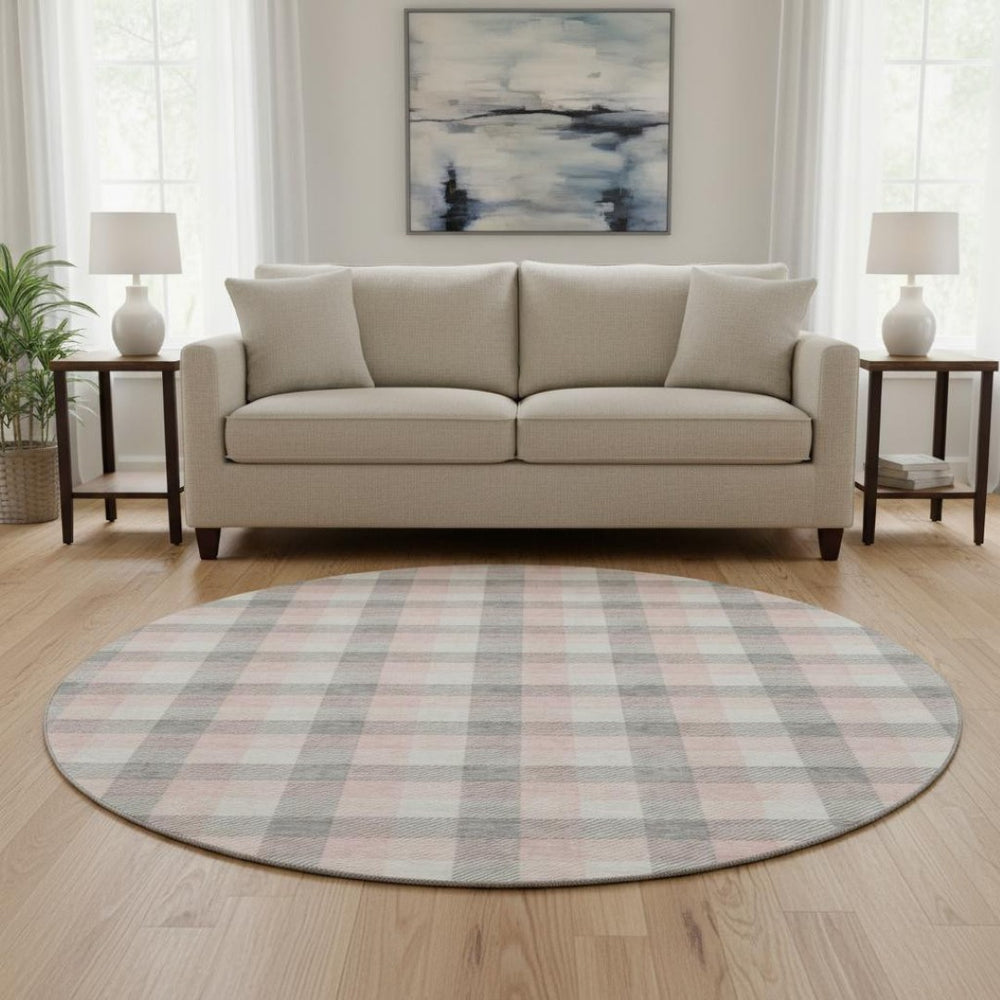 HomeRoots 8' Cozy Granite Gray, Ivory & Pink Plaid Washable Round Rug with UV Protection for Busy Homes 682544
