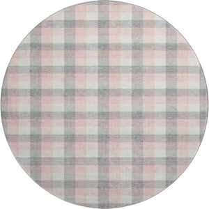 HomeRoots 8' Cozy Granite Gray, Ivory & Pink Plaid Washable Round Rug with UV Protection for Busy Homes 682544