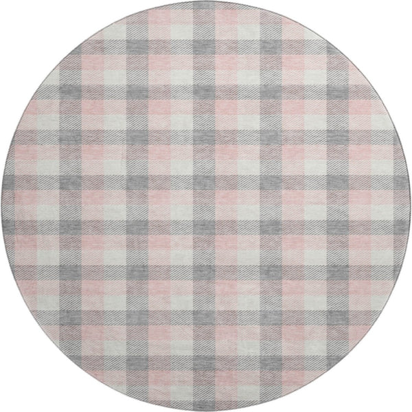 HomeRoots 8' Cozy Granite Gray, Ivory & Pink Plaid Washable Round Rug with UV Protection for Busy Homes 682544