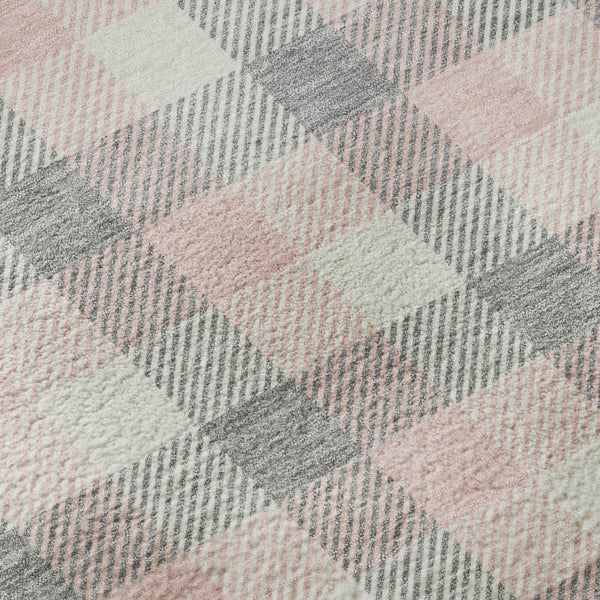 HomeRoots 8' Cozy Granite Gray, Ivory & Pink Plaid Washable Round Rug with UV Protection for Busy Homes 682544