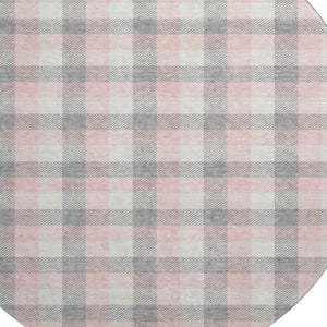 HomeRoots 8' Cozy Granite Gray, Ivory & Pink Plaid Washable Round Rug with UV Protection for Busy Homes 682544