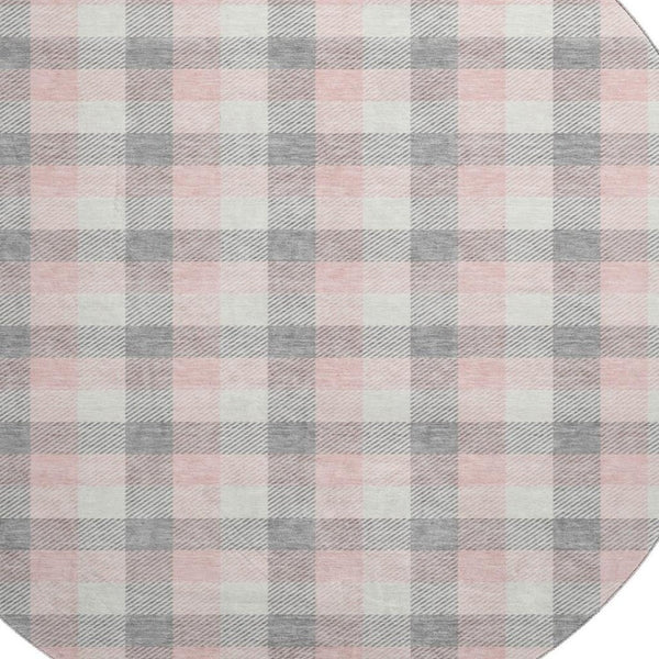 HomeRoots 8' Cozy Granite Gray, Ivory & Pink Plaid Washable Round Rug with UV Protection for Busy Homes 682544