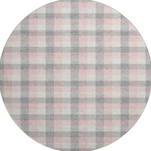 HomeRoots 8' Cozy Granite Gray, Ivory & Pink Plaid Washable Round Rug with UV Protection for Busy Homes 682544