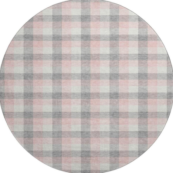 HomeRoots 8' Cozy Granite Gray, Ivory & Pink Plaid Washable Round Rug with UV Protection for Busy Homes 682544