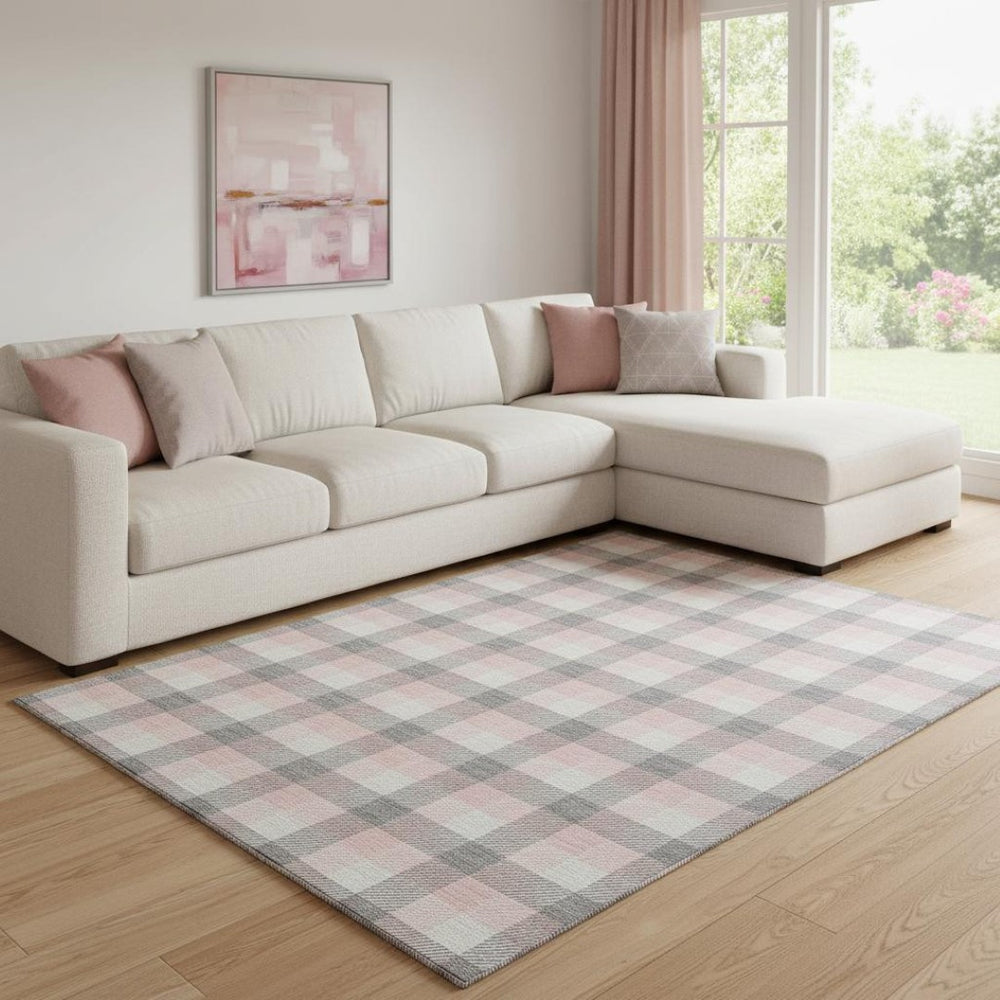 HomeRoots 8' X 10' Cozy Granite Gray, Ivory & Pink Plaid Washable Area Rug with UV Protection for High-Traffic Homes 682545