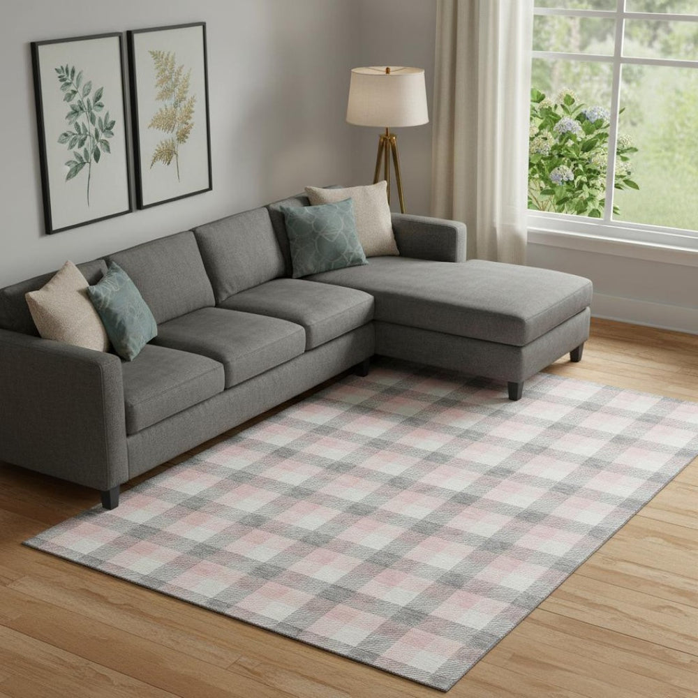 HomeRoots 9' X 12' Stylish Granite Gray, Ivory & Pink Plaid Washable Area Rug with UV Protection & Durability 682546