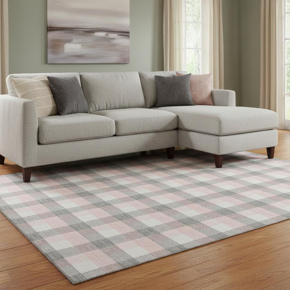 HomeRoots 10' Washable Granite Gray, Ivory & Pink Plaid Area Rug with UV Protection for Stylish Durability 682547