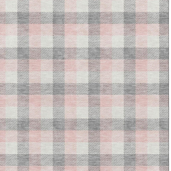 HomeRoots 10' Washable Granite Gray, Ivory & Pink Plaid Area Rug with UV Protection for Stylish Durability 682547