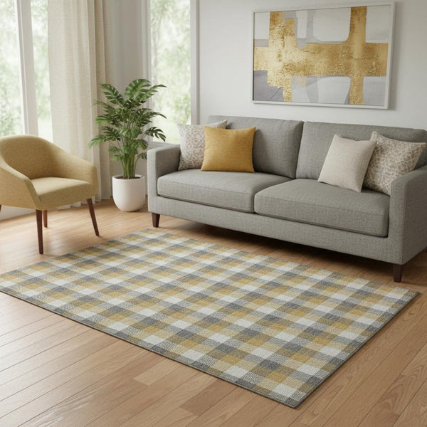 HomeRoots 5' X 8' Gray Ivory Gold Plaid Area Rug - Washable, UV Protected, Durable & Stylish for Any Room 682549