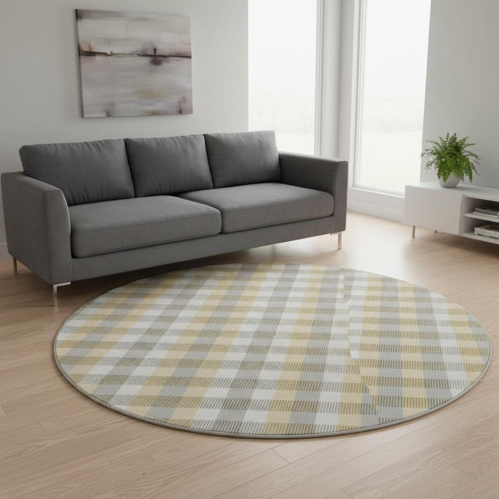 HomeRoots 8' Gray Ivory and Gold Plaid Washable Round Rug - Durable, UV-Protected, Ideal for High-Traffic Areas 682550