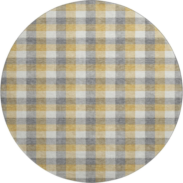 HomeRoots 8' Gray Ivory and Gold Plaid Washable Round Rug - Durable, UV-Protected, Ideal for High-Traffic Areas 682550