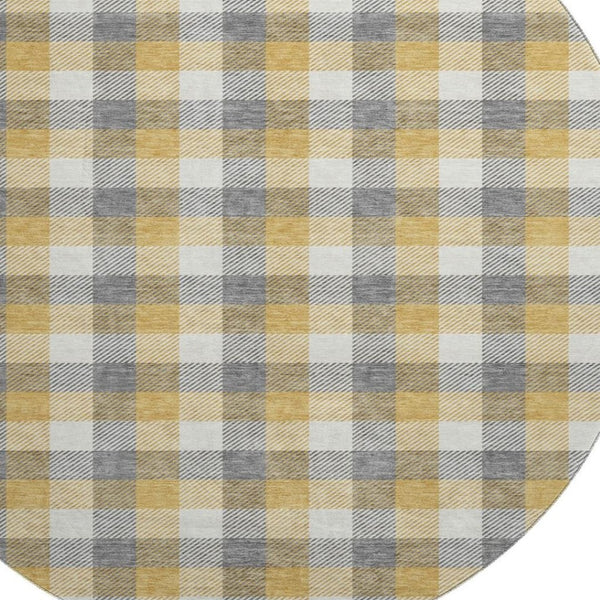 HomeRoots 8' Gray Ivory and Gold Plaid Washable Round Rug - Durable, UV-Protected, Ideal for High-Traffic Areas 682550