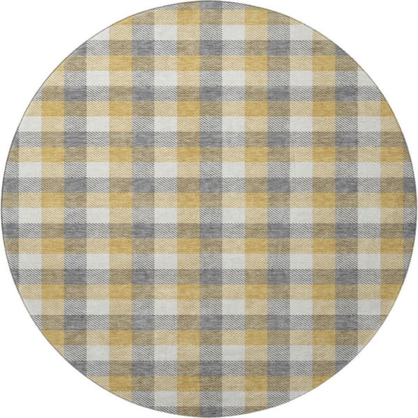 HomeRoots 8' Gray Ivory and Gold Plaid Washable Round Rug - Durable, UV-Protected, Ideal for High-Traffic Areas 682550