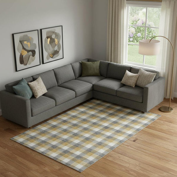 HomeRoots 9' X 12' Gray Ivory Gold Plaid Washable Area Rug - Durable, Stain-Resistant with UV Protection! 682552