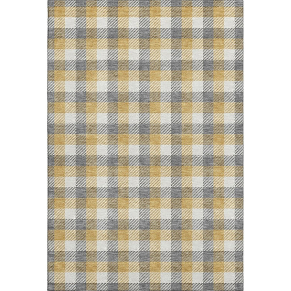 HomeRoots 9' X 12' Gray Ivory Gold Plaid Washable Area Rug - Durable, Stain-Resistant with UV Protection! 682552