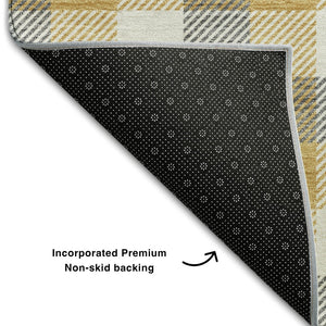 HomeRoots 9' X 12' Gray Ivory Gold Plaid Washable Area Rug - Durable, Stain-Resistant with UV Protection! 682552