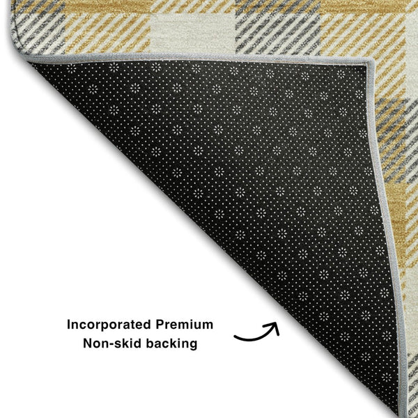HomeRoots 9' X 12' Gray Ivory Gold Plaid Washable Area Rug - Durable, Stain-Resistant with UV Protection! 682552